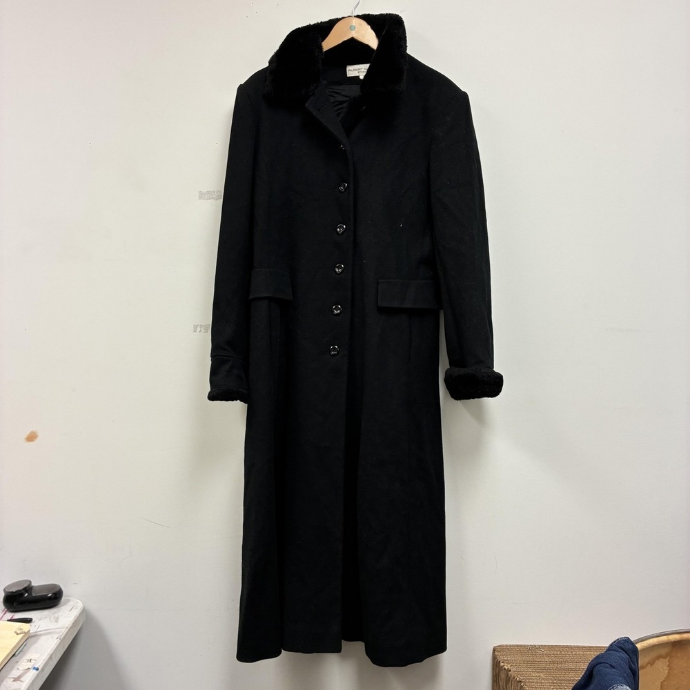Vintage Albert Nipon Coat Womens 10 Black Wool Fur Collar Cuffs Long Lined USA